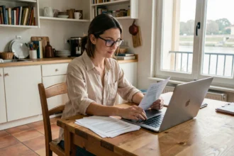 Femme comparant des offres d'assurance habitation sur un ordinateur dans un appartement à Valence
