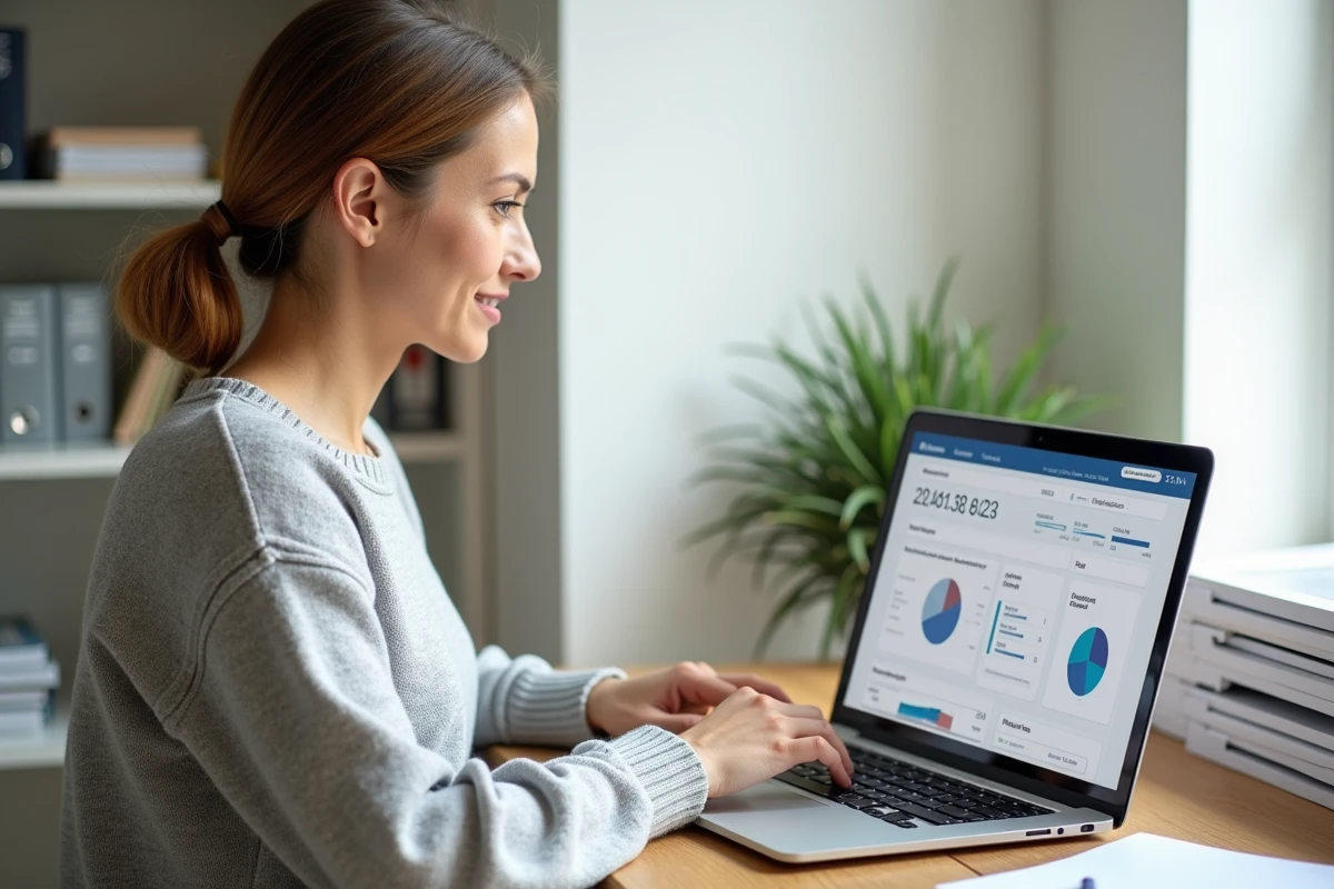 Femme consultant ses charges de copropriété sur l'espace client MyFoncia depuis son bureau à domicile