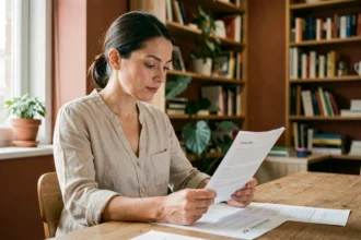 Femme consultant un contrat d'assurance habitation Sogessur à la table de sa cuisine dans un appartement moderne