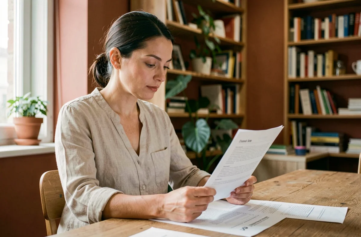 Femme consultant un contrat d'assurance habitation Sogessur à la table de sa cuisine dans un appartement moderne