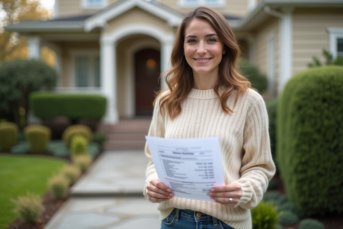 Femme souriante tenant un relevé de prêt immobilier devant sa maison