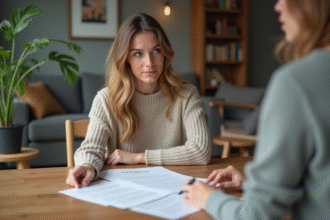 Femme détendue examinant un contrat de location dans un appartement moderne