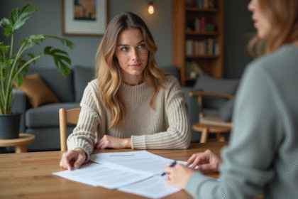 Femme détendue examinant un contrat de location dans un appartement moderne