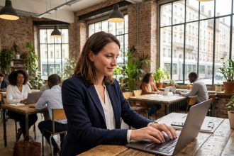 Femme professionnelle travaillant dans un espace de coworking à Lyon avec des bureaux partagés en bois et murs en briques apparentes