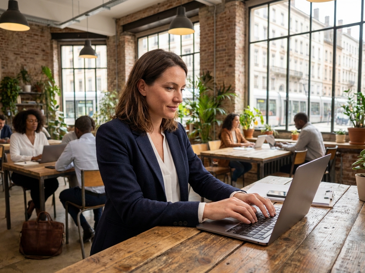 Femme professionnelle travaillant dans un espace de coworking à Lyon avec des bureaux partagés en bois et murs en briques apparentes