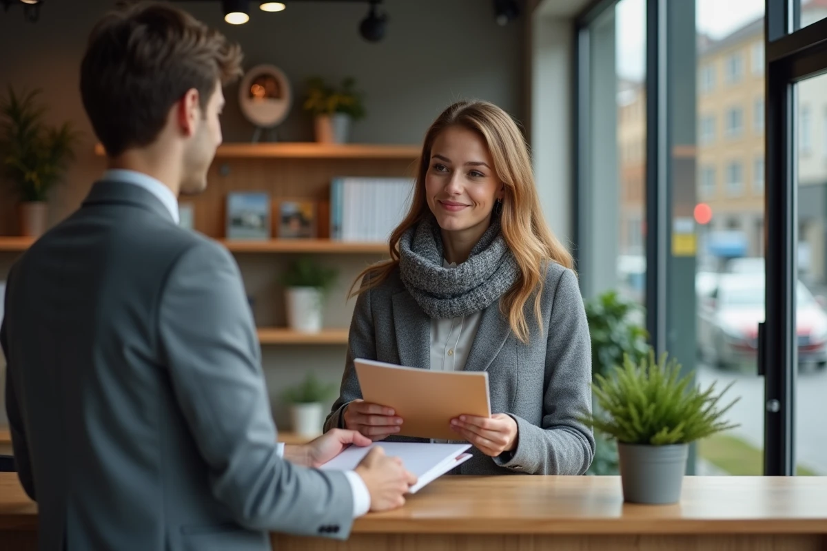 Femme remettant un dossier à un agent immobilier