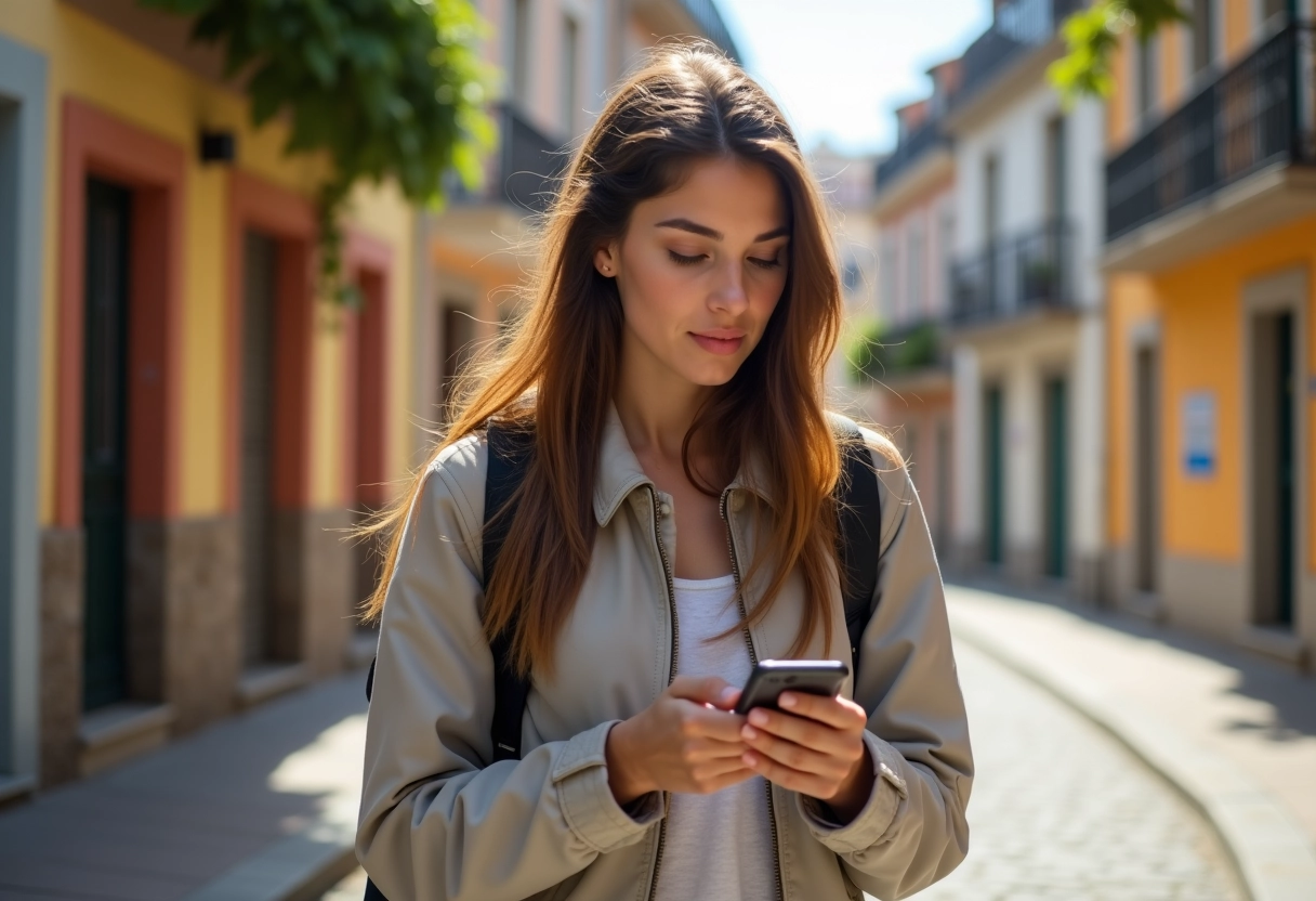 Femme étudiante marchant dans une rue de Perpignan