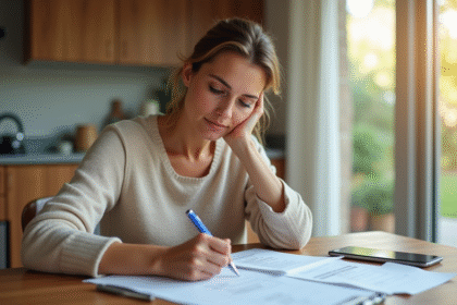 Femme d'âge moyen remplissant des formulaires à la maison