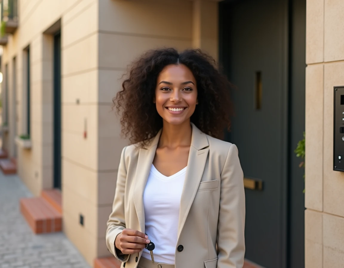 Femme souriante devant un immeuble rénové des quartiers sud de Marseille, symbole de l'attractivité immobilière croissante du secteur