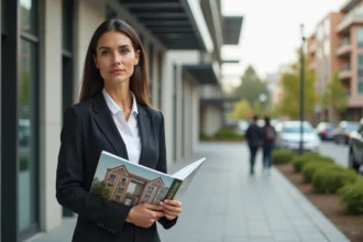 Femme en tenue professionnelle tenant des brochures immobilières devant un immeuble neuf