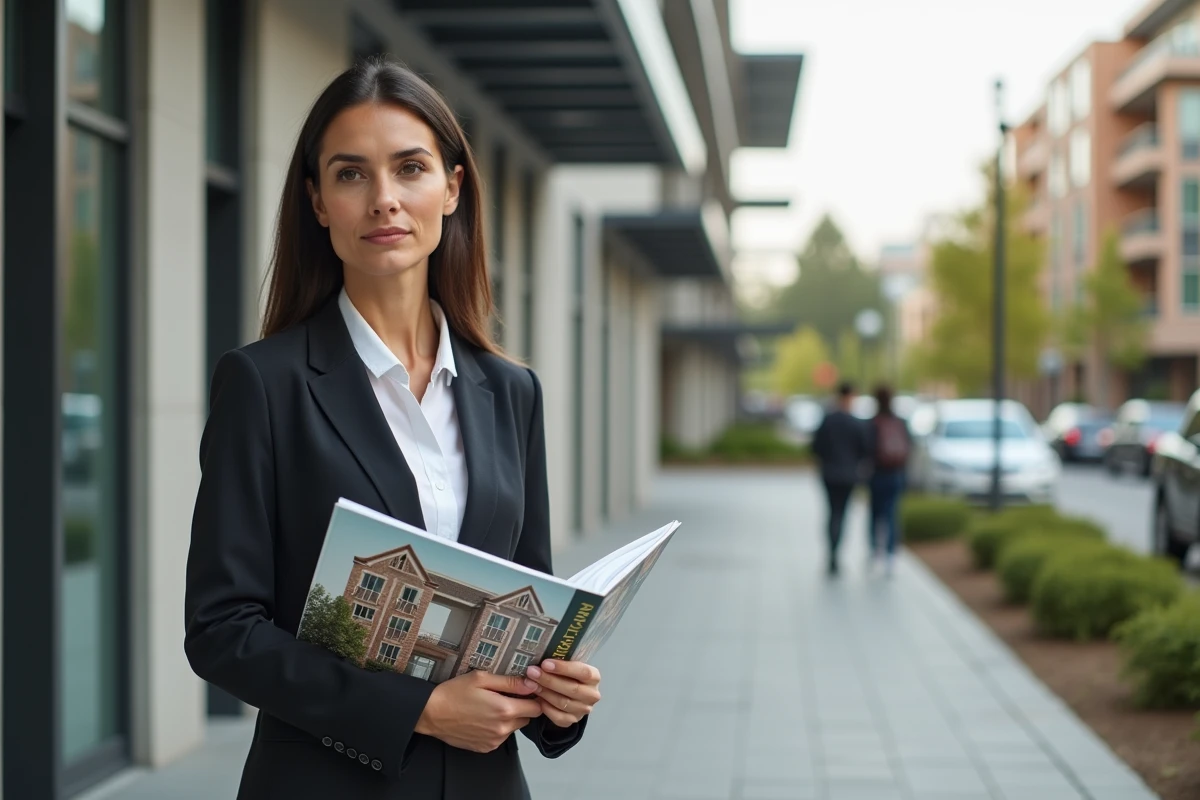 Femme en tenue professionnelle tenant des brochures immobilières devant un immeuble neuf