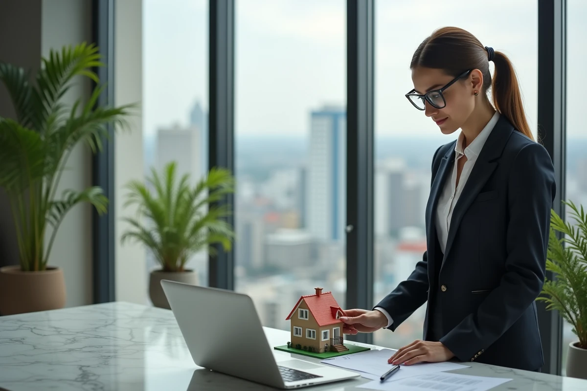 Femme professionnelle tenant maquette de maison dans appartement