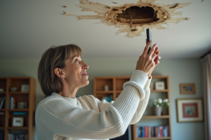 Femme inquiète examine un plafond endommagé par l'eau