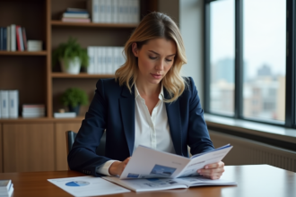 Femme professionnelle examine brochures SCPI dans son bureau