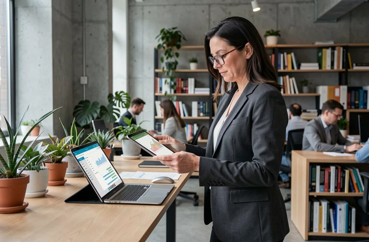 Femme investisseuse consultant un portail d'analyse foncière sur une tablette dans un espace de travail contemporain