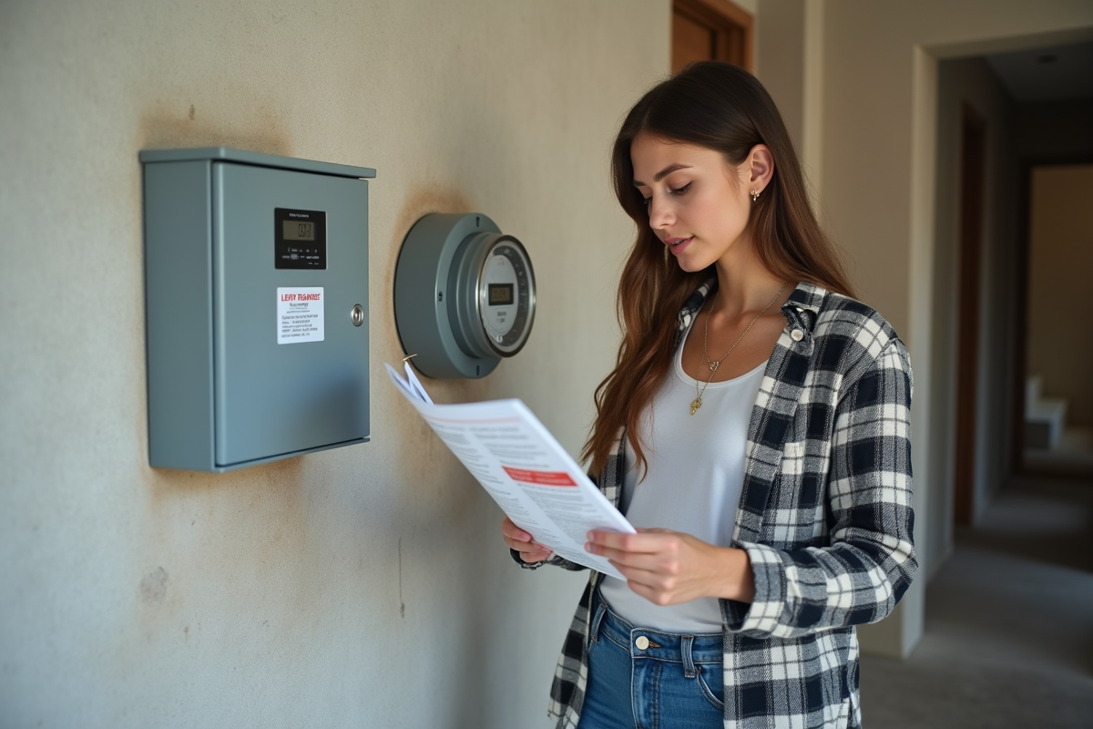 Jeune femme lisant une brochure électrique près d un compteur moderne