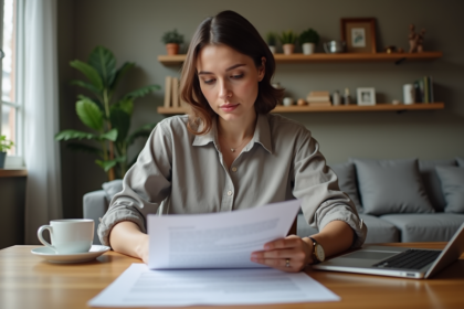 Femme concentrée examinant des documents fiscaux en intérieur