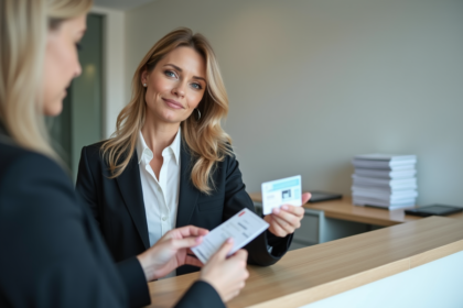 Femme d'affaires tenant un chèque à la réception