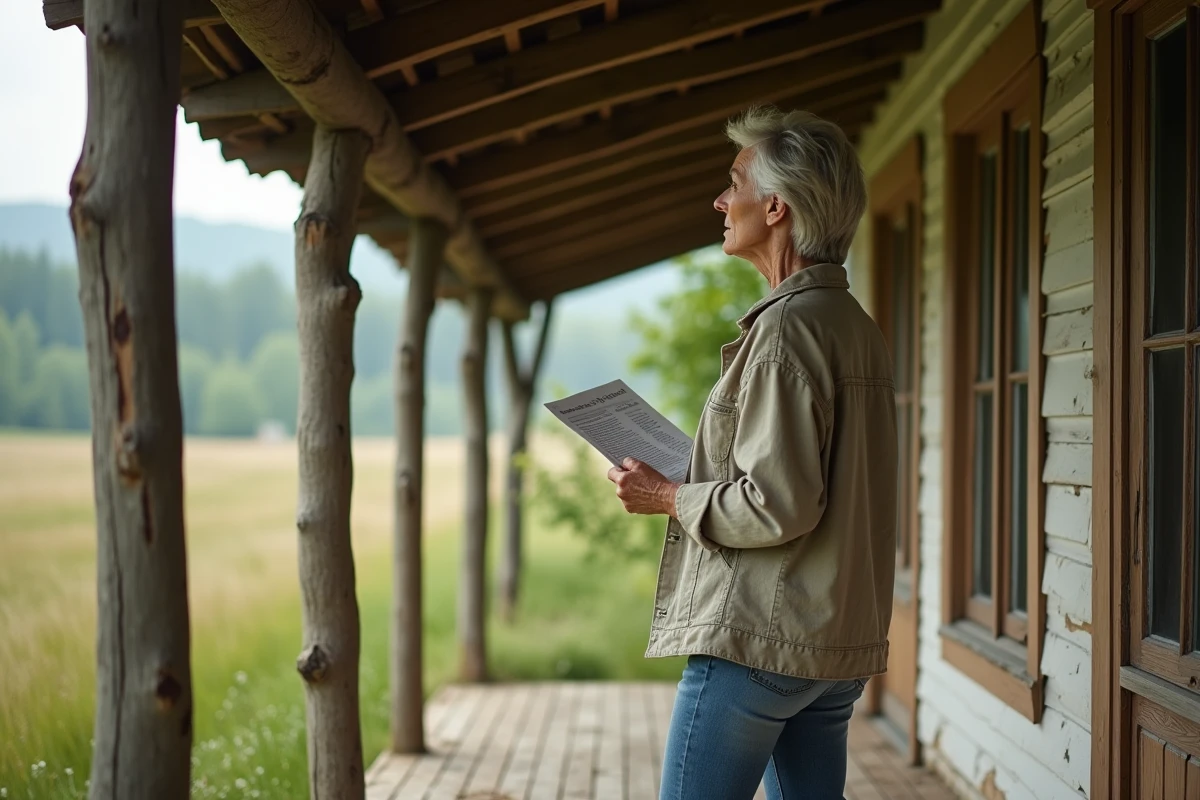 Femme contemplant une maison rurale à rénover obtenue gratuitement dans la campagne française