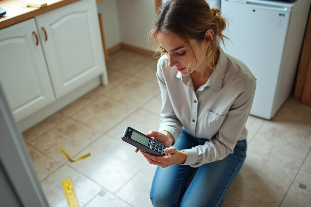 Jeune femme mesurant une surface dans une cuisine moderne