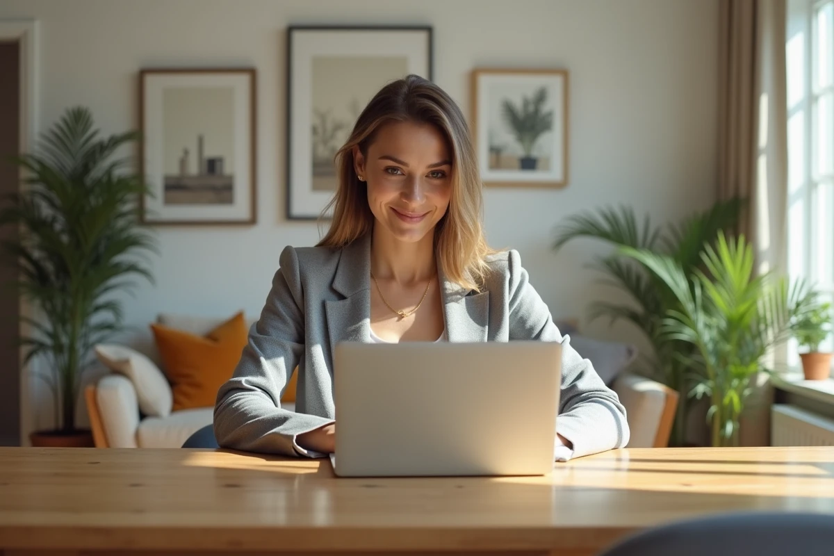 Femme en blazer et jeans utilisant un ordinateur à la maison