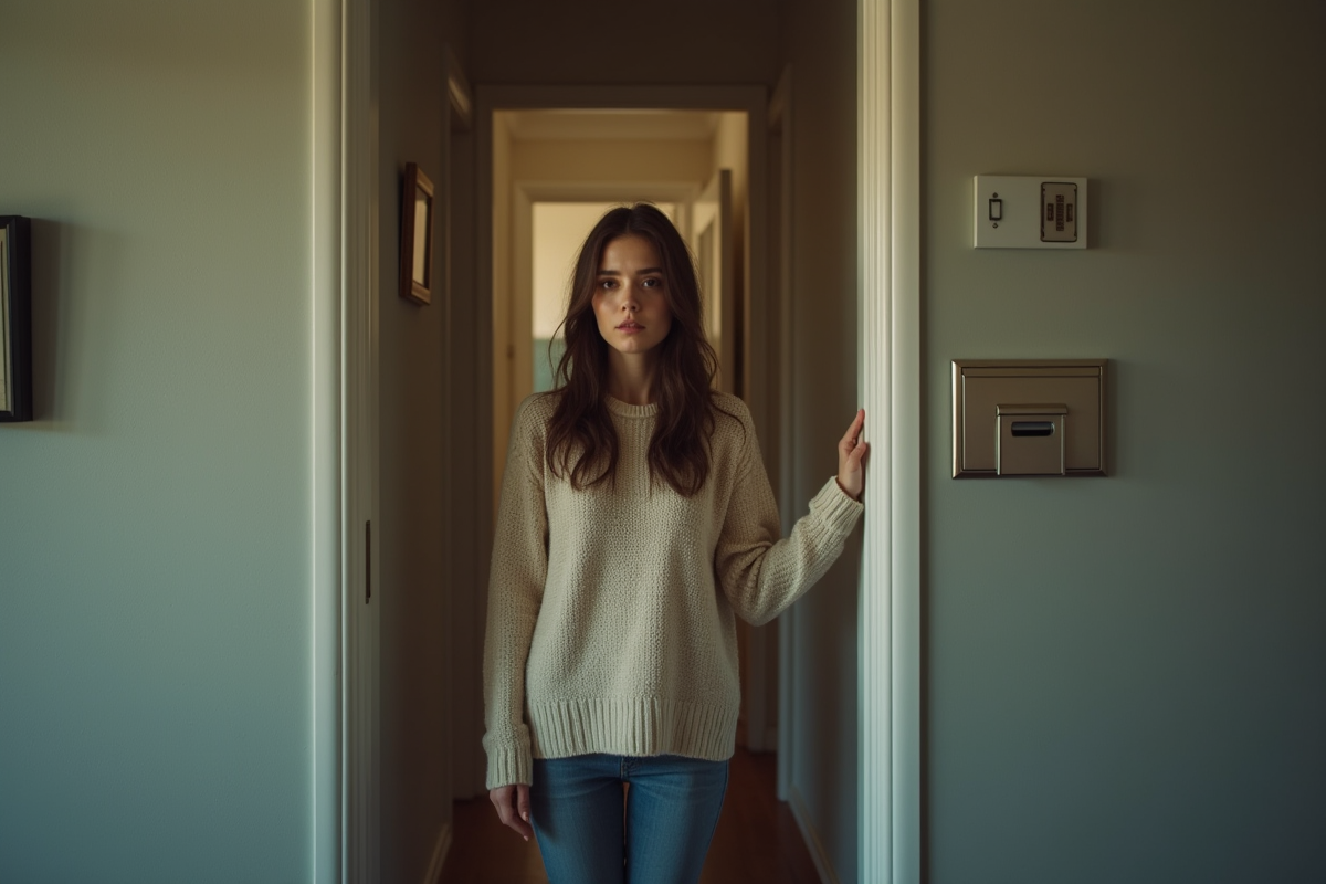 Jeune femme regardant par la porte de son appartement