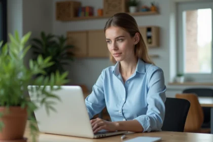 Femme professionnelle assise à son bureau avec ordinateur