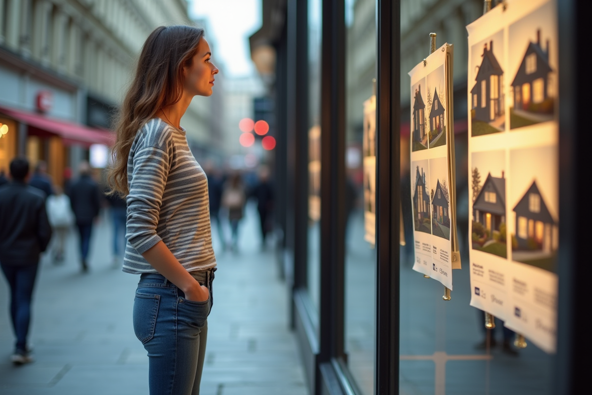 Jeune femme regardant des annonces immobilières en ville