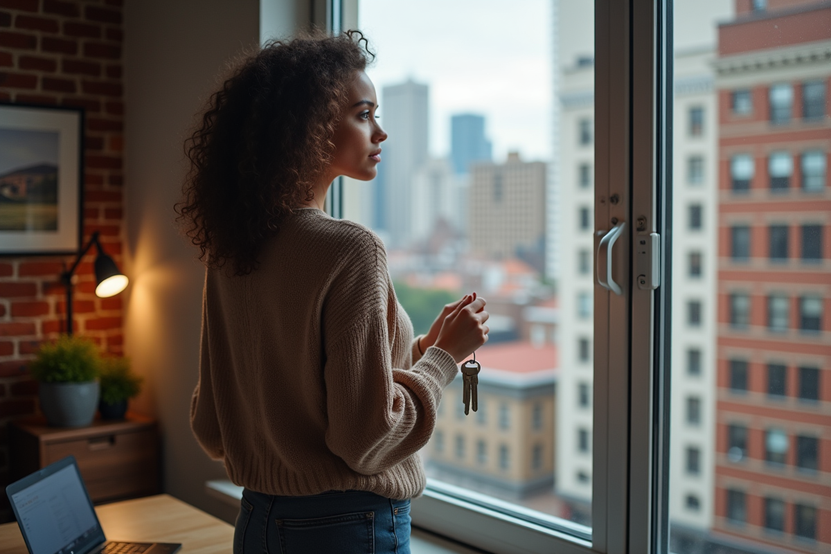 Jeune femme regardant la ville depuis sa fenêtre