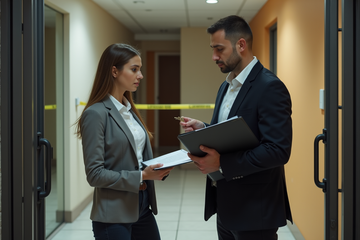 Jeune femme remettant des clés à un gestionnaire immobilier dans un couloir