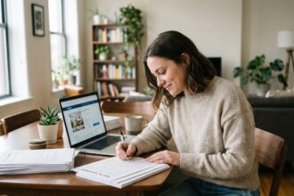 Jeune femme remplissant un papier de location dans un appartement