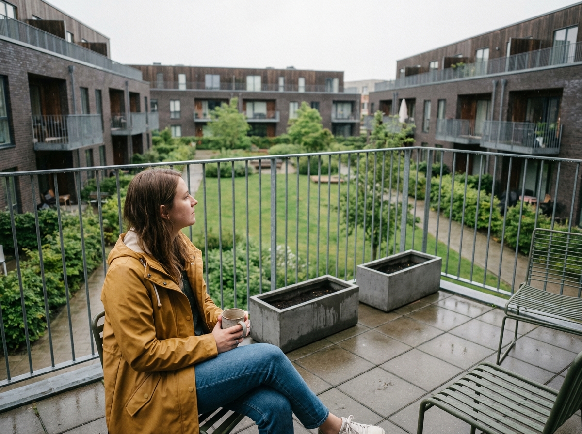 Femme en imper jaune sur terrasse de SaintGregoire