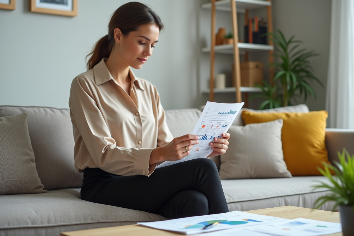 Femme examinant des documents immobiliers dans un salon lumineux
