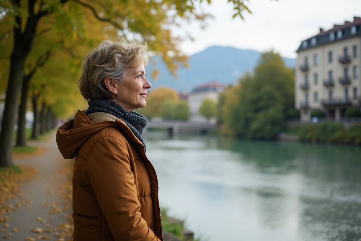 Femme souriante près de la rivière Isère à Grenoble