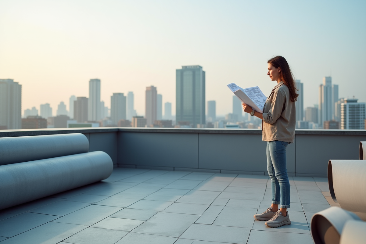 Femme vérifiant des rouleaux de membrane goudronnée sur un toit