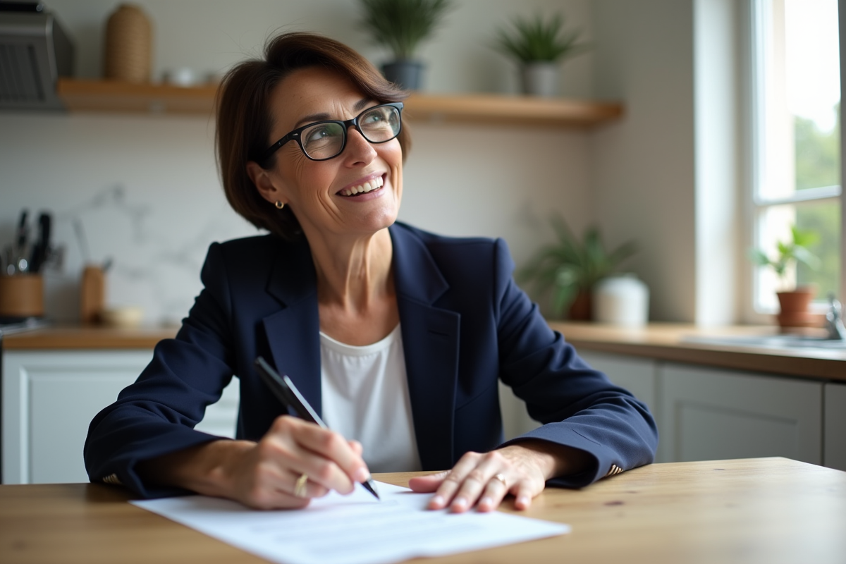 Femme signant des documents de prêt immobilier dans la cuisine