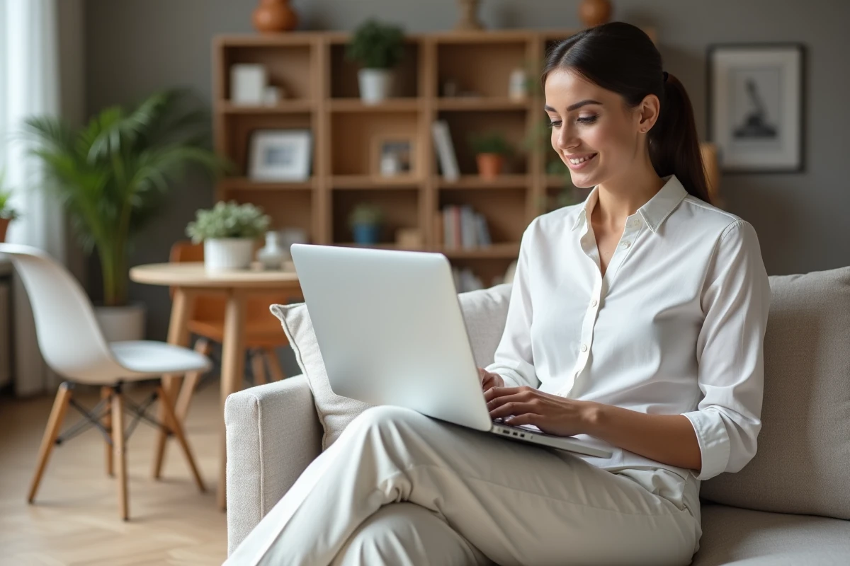 Jeune femme travaillant sur un ordinateur dans un salon moderne