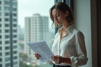 Femme contemplant des documents de location dans un appartement urbain