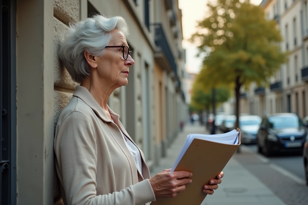 Une femme âgée devant un immeuble résidentiel tient des documents liés à la revente d'un bien immobilier acquis en viager