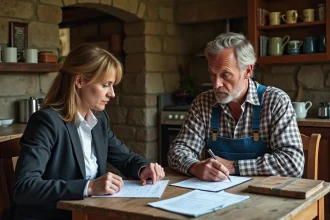 Fermier discutant de documents avec une professionnelle dans une ferme