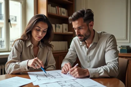 Couple étudiant un dossier de financement immobilier pour l'achat d'un appartement haussmannien dans un bureau de notaire parisien
