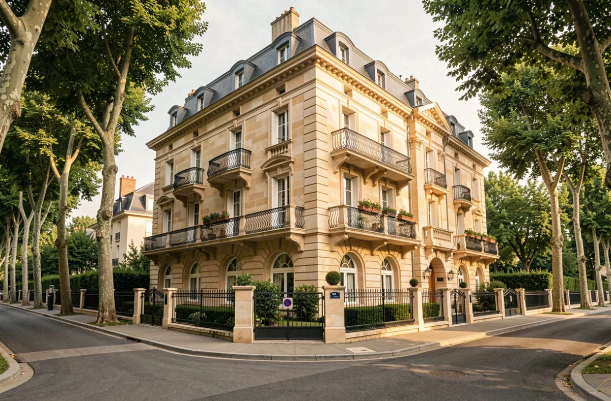 Immeuble de standing Franco Suisse dans les Yvelines avec architecture classique française et cour arborée