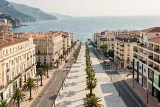 Vue panoramique du littoral des Alpes-Maritimes avec des agences de gestion locative et l'architecture typique de Nice en arrière-plan
