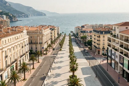 Vue panoramique du littoral des Alpes-Maritimes avec des agences de gestion locative et l'architecture typique de Nice en arrière-plan