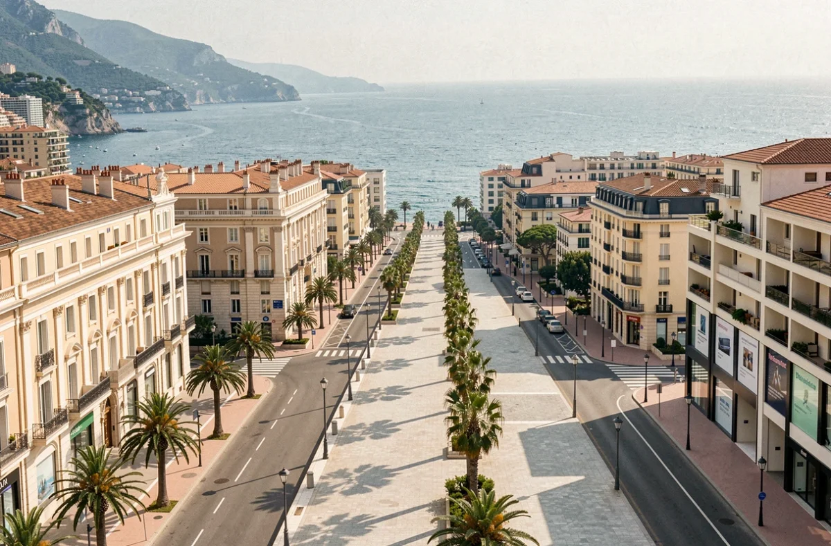 Vue panoramique du littoral des Alpes-Maritimes avec des agences de gestion locative et l'architecture typique de Nice en arrière-plan