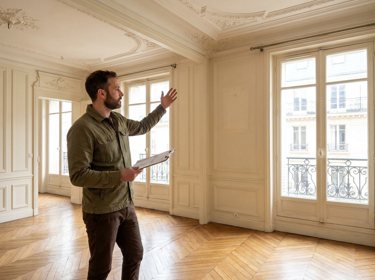 Gestionnaire immobilier réalisant une inspection dans un appartement haussmannien parisien pour le compte d'un bailleur propriétaire