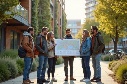 Groupe d'adultes autour d'un plan urbain durable