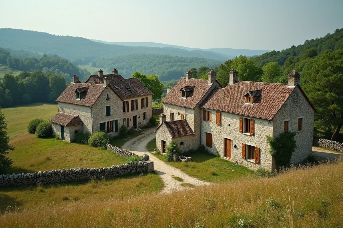 Vue aérienne d'un hameau traditionnel en zone naturelle protégée avec maisons en pierre et prairie environnante