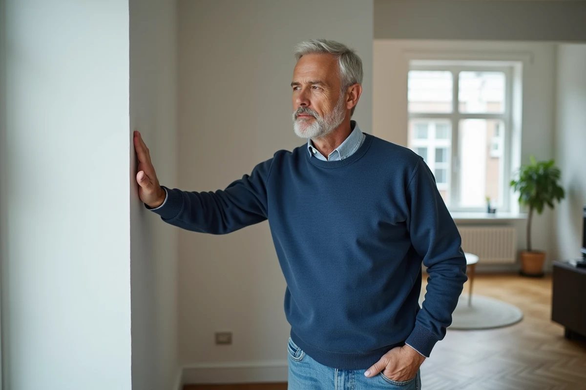 Homme regardant attentivement un mur intérieur dans son salon moderne