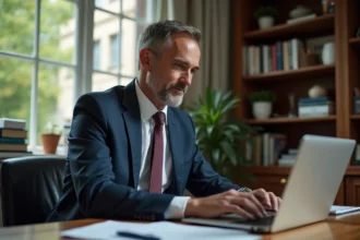 Homme d'affaires en costume regardant un site immobilier sur son ordinateur